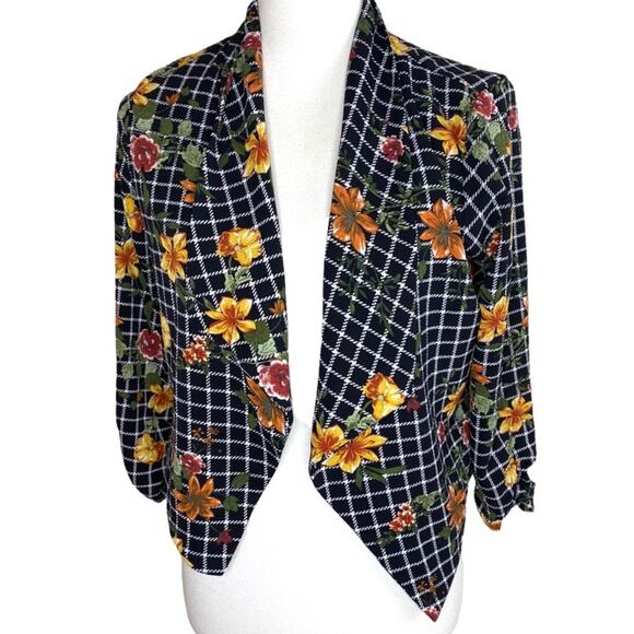 Iris Los Angeles Cropped Floral Plaid Boho Lightweight Blazer Jacket - Picture 1 of 7